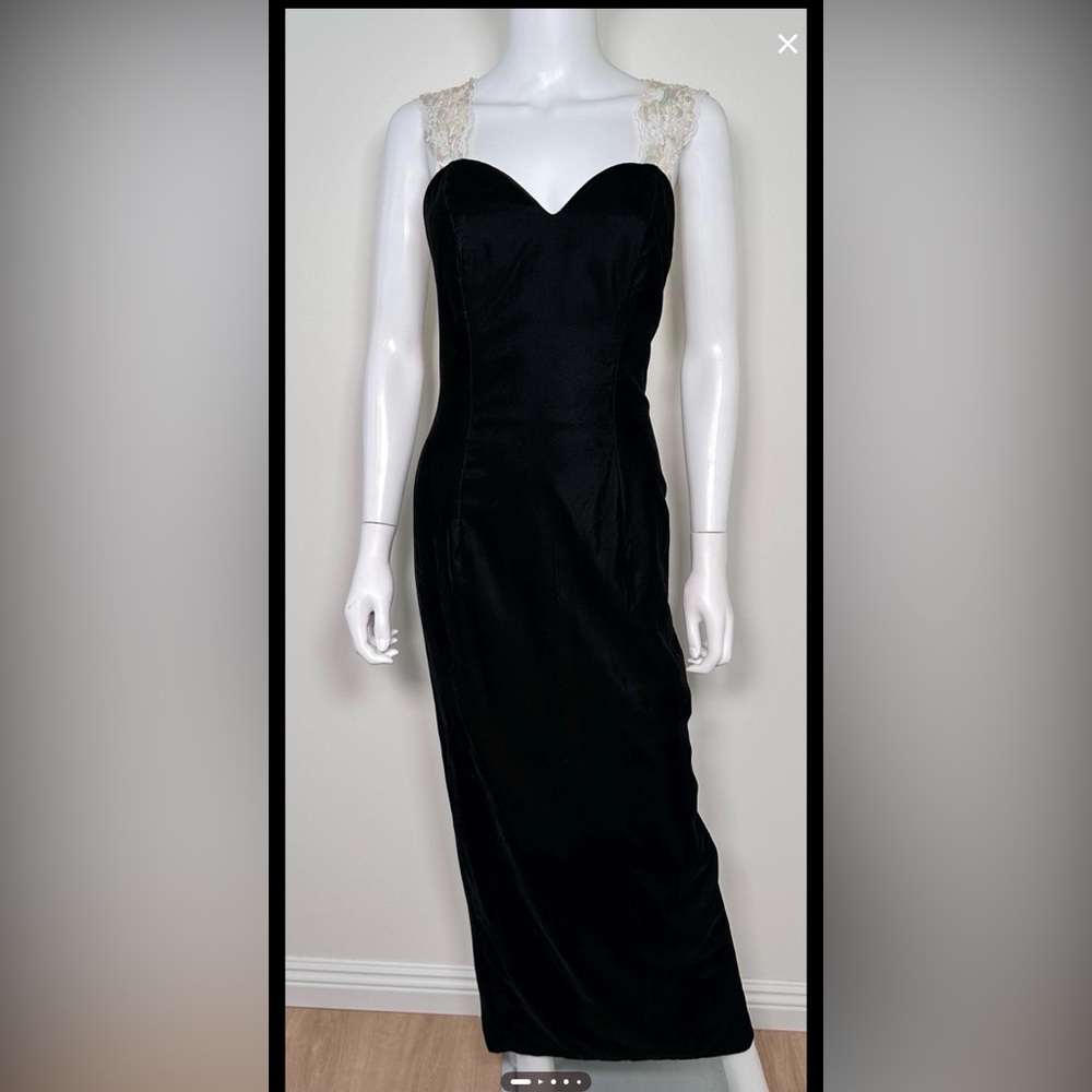 Roberta Vintage 1990s Black Velour White Sequins Lace & Satin Bow Formal Dress